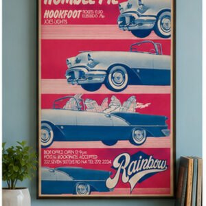 Vintage Humble Pie and Hookfoot Rainbow Theatre London concert poster featuring a 1950s American convertible in red, blue and cream retro graphics.