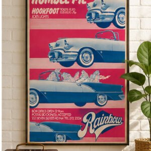 Vintage Humble Pie and Hookfoot Rainbow Theatre London concert poster featuring a 1950s American convertible in red, blue and cream retro graphics.