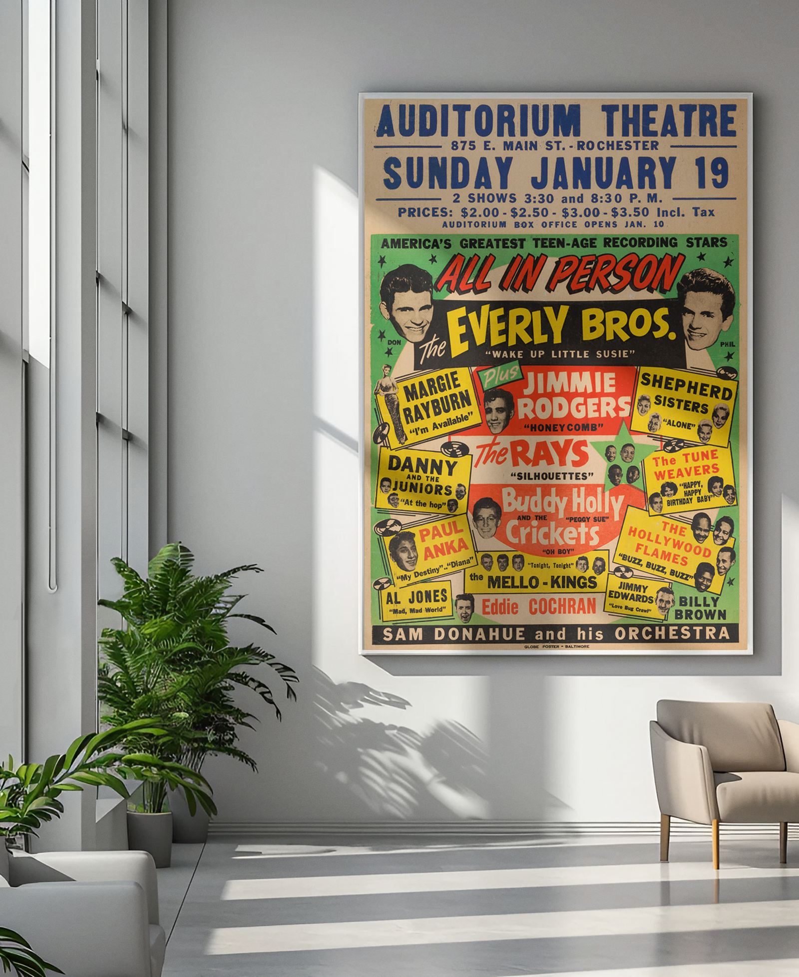 Buddy Holly & The Crickets, Everly Brothers, Eddie Cochran 1958 Concert Poster Buddy Holly & The Crickets, Everly Brothers, Eddie Cochran 1958 Concert Poster