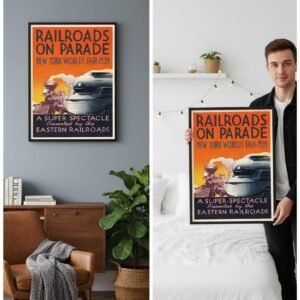 1930s Exposition Poster – Vintage Railroad Parade Artwork, Classic World’s Fair Era Print, Collectible Transport Memorabilia