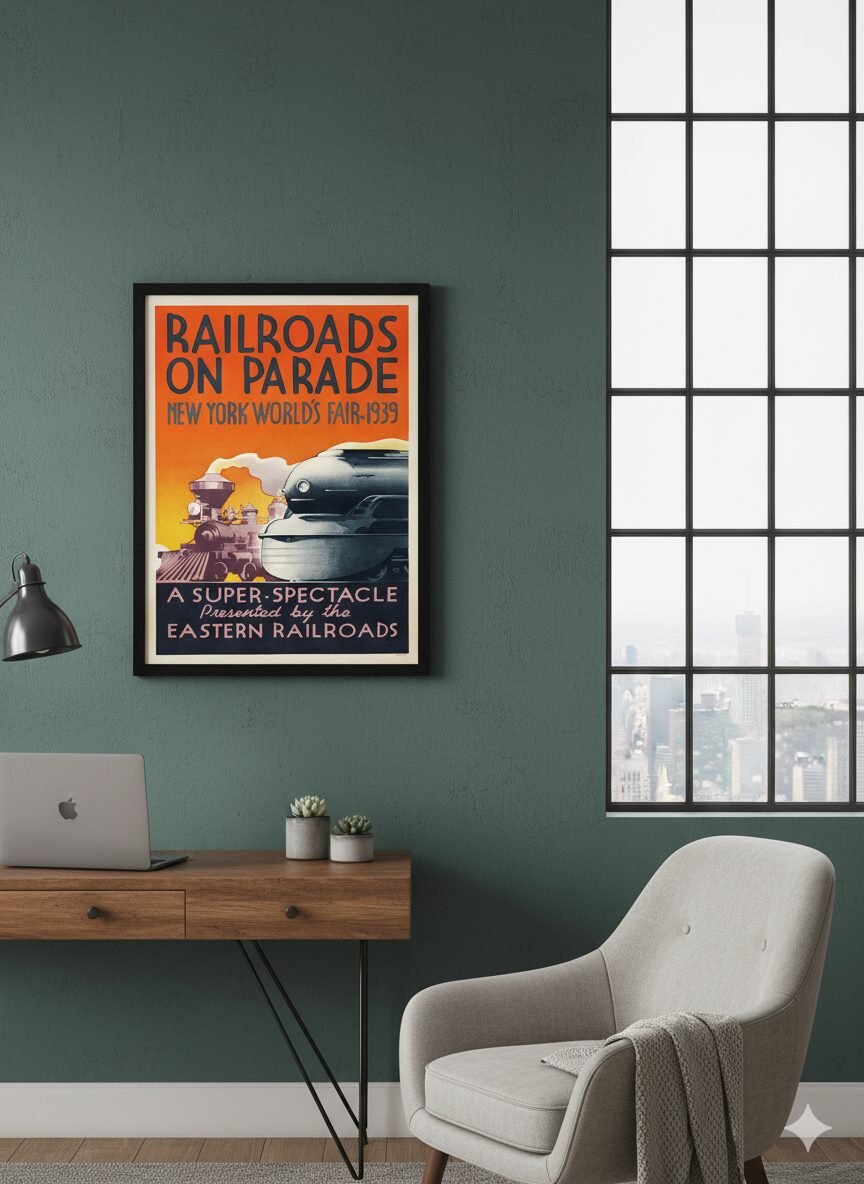 1930s Exposition Poster – Vintage Railroad Parade Artwork, Classic World’s Fair Era Print, Collectible Transport Memorabilia 1930s Exposition Poster – Vintage Railroad Parade Artwork, Classic World’s Fair Era Print, Collectible Transport Memorabilia