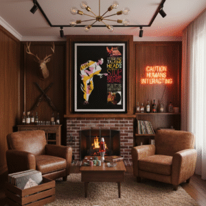 1984 Stop Making Sense poster featuring Talking Heads with minimalist stage design, new wave style, and iconic concert film imagery.