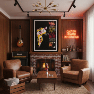 1984 Stop Making Sense poster featuring Talking Heads with minimalist stage design, new wave style, and iconic concert film imagery.