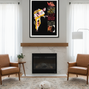 1984 Stop Making Sense poster featuring Talking Heads with minimalist stage design, new wave style, and iconic concert film imagery.