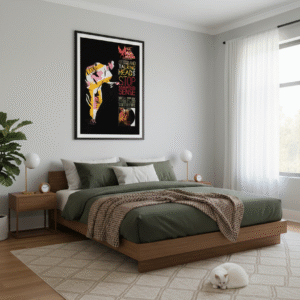 1984 Stop Making Sense poster featuring Talking Heads with minimalist stage design, new wave style, and iconic concert film imagery.