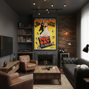 1935 Top Hat movie poster featuring Fred Astaire and Ginger Rogers in an elegant Hollywood musical with Art Deco style and classic dance imagery.