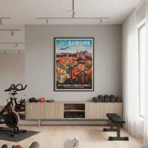 1947 Pan Am Clipper travel poster advertising flights to Europe, featuring mid-century airline design and classic postwar aviation imagery.