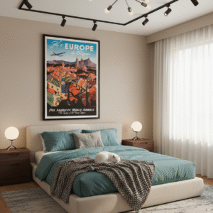 1947 Pan Am Clipper travel poster advertising flights to Europe, featuring mid-century airline design and classic postwar aviation imagery.