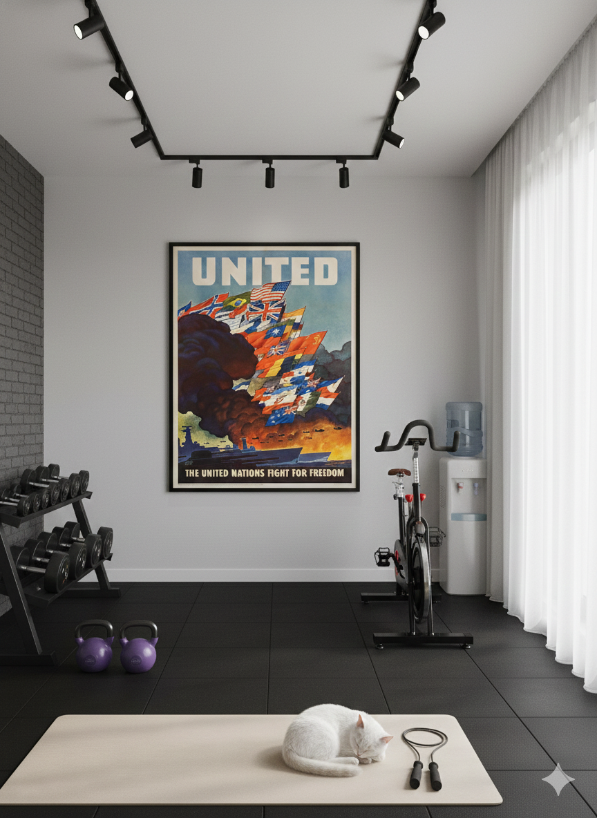 World War II Allied Coalition Poster 1943 1943 World War II propaganda poster promoting Allied unity under the United Nations banner, featuring bold wartime graphics and global cooperation themes.