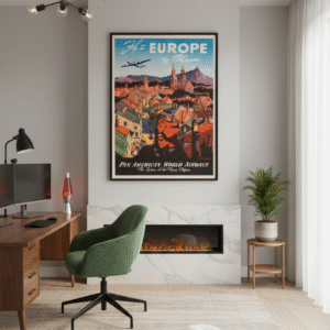 1947 Pan Am Clipper travel poster advertising flights to Europe, featuring mid-century airline design and classic postwar aviation imagery.