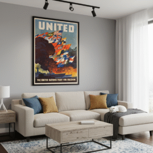 1943 World War II propaganda poster promoting Allied unity under the United Nations banner, featuring bold wartime graphics and global cooperation themes.