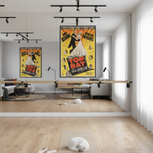 1935 Top Hat movie poster featuring Fred Astaire and Ginger Rogers in an elegant Hollywood musical with Art Deco style and classic dance imagery.