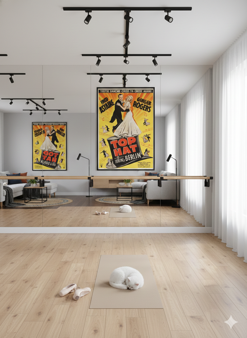 Top Hat 1935 Movie Poster with Fred Astaire and Ginger Rogers 1935 Top Hat movie poster featuring Fred Astaire and Ginger Rogers in an elegant Hollywood musical with Art Deco style and classic dance imagery.