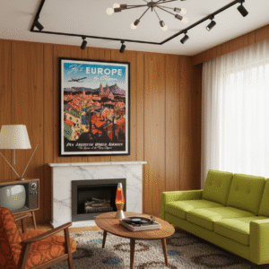 1947 Pan Am Clipper travel poster advertising flights to Europe, featuring mid-century airline design and classic postwar aviation imagery.