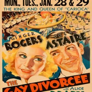1934 The Gay Divorcee movie poster featuring Fred Astaire and Ginger Rogers in a classic Hollywood musical with elegant dance and Art Deco style.