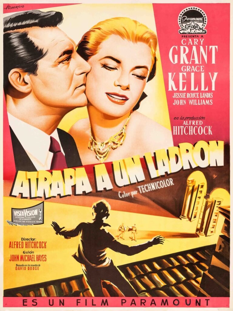 Spanish release poster for To Catch a Thief featuring Cary Grant and Grace Kelly in a glamorous Hitchcock crime thriller set in mid-century Europe.