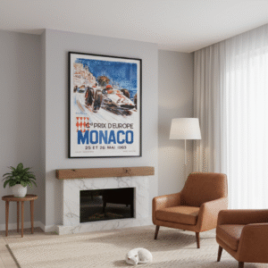 1963 Monaco Grand Prix poster featuring classic Formula One street racing, Riviera glamour, and elegant mid-century motorsport design