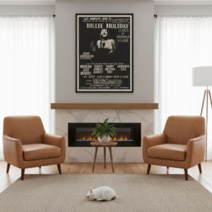 1957 Billie Holiday jazz concert poster highlighting Greenwich Village club culture, late-era vocal jazz styling, and intimate New York performances.