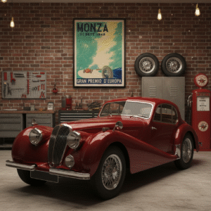 1949 Italian Grand Prix poster from Monza featuring postwar motor racing design, classic typography, and historic European motorsport imagery.