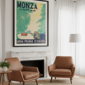 1949 Italian Grand Prix poster from Monza featuring postwar motor racing design, classic typography, and historic European motorsport imagery.