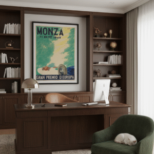 1949 Italian Grand Prix poster from Monza featuring postwar motor racing design, classic typography, and historic European motorsport imagery.