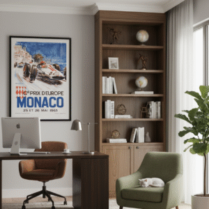 1963 Monaco Grand Prix poster featuring classic Formula One street racing, Riviera glamour, and elegant mid-century motorsport design