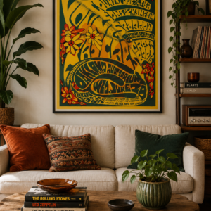 vintage rock music poster inspired by late 1960s concert culture retro psychedelic concert artwork with bold graphic style 1960s music festival style poster with classic rock aesthetic