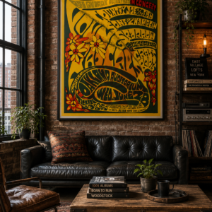 vintage rock music poster inspired by late 1960s concert culture retro psychedelic concert artwork with bold graphic style 1960s music festival style poster with classic rock aesthetic