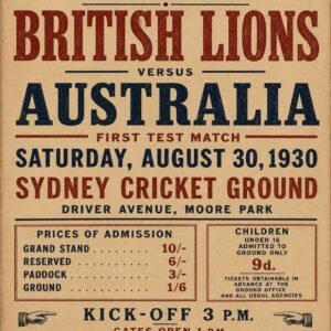 British Lions vs Australia 1930 Rugby Test Match Poster