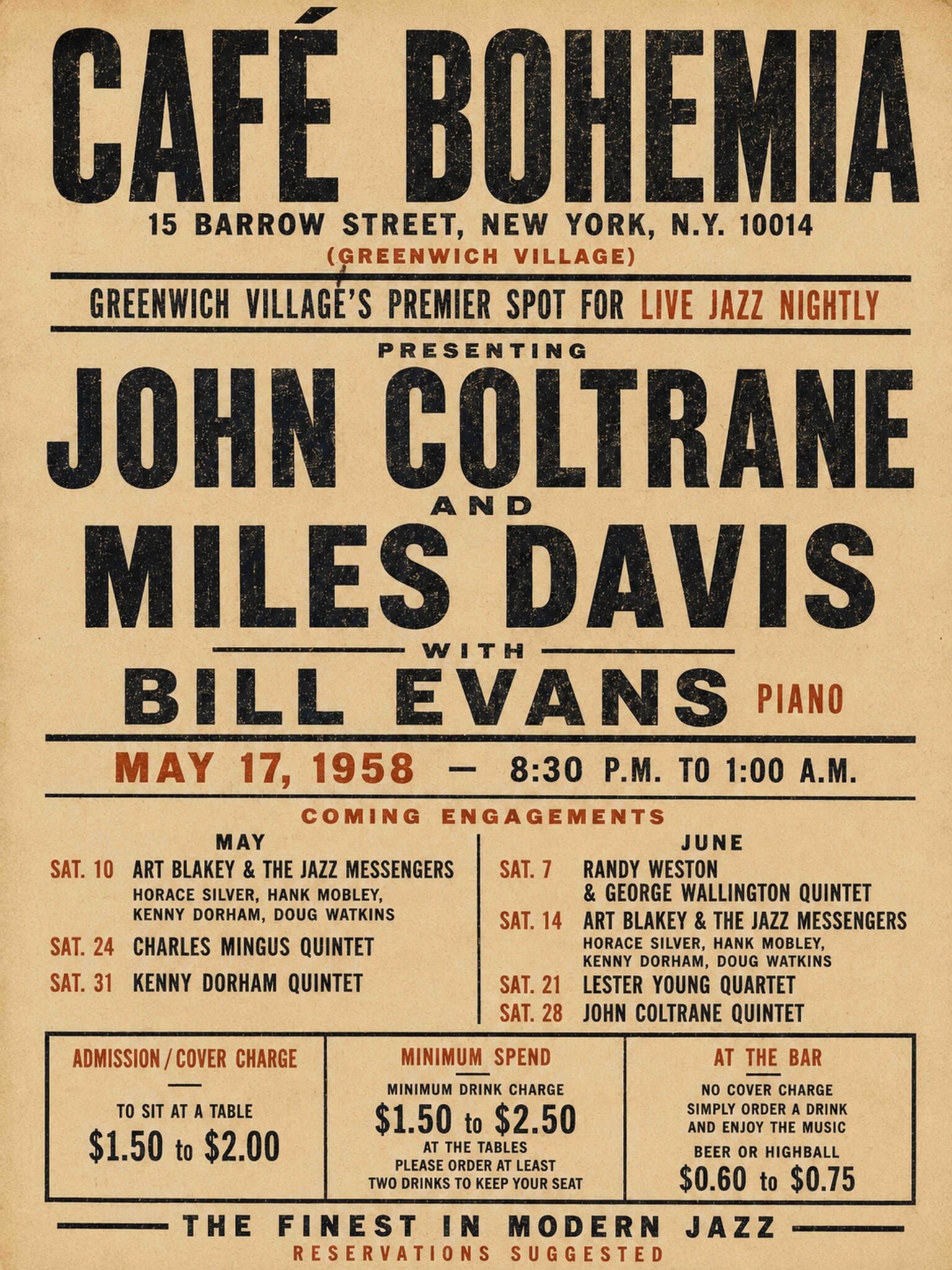 John Coltrane Miles Davis Poster – 1958 Café Bohemia Jazz John Coltrane Miles Davis Poster – 1958 Café Bohemia Jazz