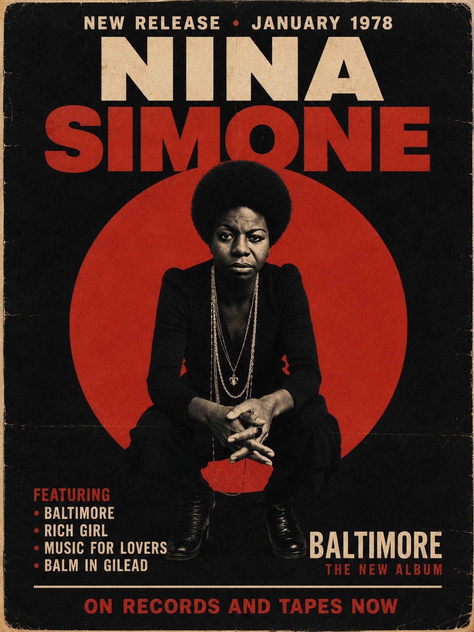 Nina Simone Baltimore 1978 promotional poster with vintage soul music design Nina Simone Baltimore 1978 promotional poster with vintage soul music design