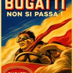 Vintage European racing poster featuring a classic open-top sports car speeding through a dramatic landscape with bold Art Deco typography, vibrant colors, and iconic early motorsport advertising style.