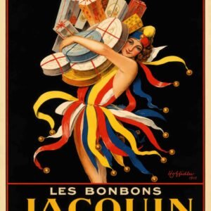 Vintage French confectionery advertising poster featuring an elegant Art Nouveau woman carrying colorful candy boxes and sweets, with flowing ribbons, rich Belle Époque colors, and classic Paris advertising design.