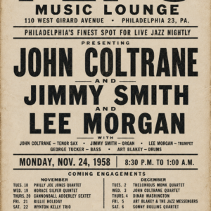 Vintage Pep's Music Lounge Philadelphia jazz concert poster featuring John Coltrane, Jimmy Smith and Lee Morgan.