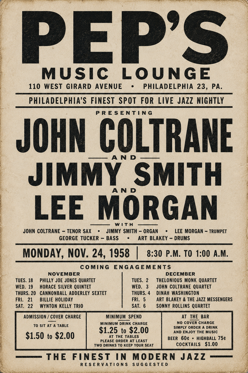 Vintage Pep's Music Lounge Philadelphia jazz concert poster featuring John Coltrane, Jimmy Smith and Lee Morgan.