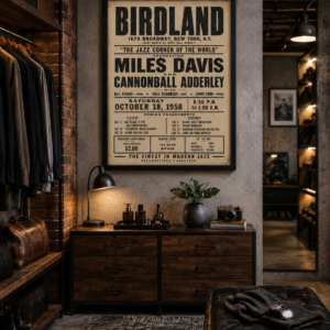 Celebrate one of the greatest eras in jazz history with this beautifully restored Birdland Jazz Club concert poster featuring Miles Davis and Cannonball Adderley live in New York during the legendary 1958 season. Featuring iconic period typography and a lineup that includes Bill Evans, Paul Chambers, and Jimmy Cobb, this vintage-inspired print captures the spirit of the club known as