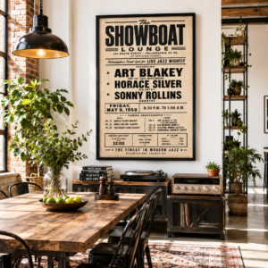 Bring home a piece of Philadelphia's legendary jazz history with this beautifully restored Showboat Lounge concert poster featuring an unforgettable 1958 lineup of Art Blakey and the Jazz Messengers, Horace Silver Quintet, and Sonny Rollins Quartet. Designed in bold mid-century typography, this historic jazz club poster captures the excitement of the hard bop era while celebrating one of America's iconic live music venues. Carefully restored for museum-quality printing while preserving its authentic vintage character, this striking artwork is perfect for music rooms, listening spaces, home bars, record collections, offices, and man caves. An outstanding gift for jazz lovers, vinyl collectors, musicians, and fans of classic Philadelphia music history.
