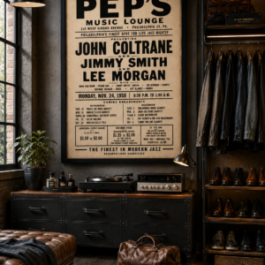 Vintage Pep's Music Lounge Philadelphia jazz concert poster featuring John Coltrane, Jimmy Smith and Lee Morgan.