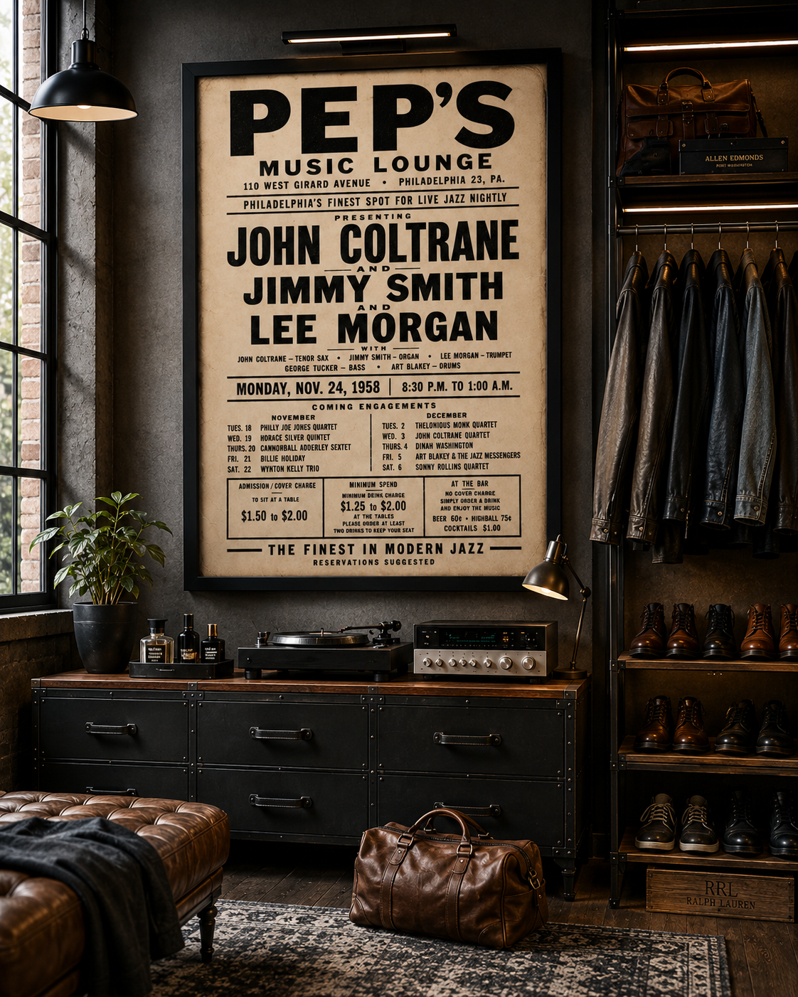 Vintage Pep's Music Lounge Philadelphia jazz concert poster featuring John Coltrane, Jimmy Smith and Lee Morgan.
