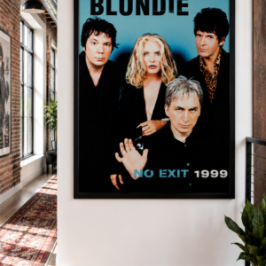 Blondie No Exit 1999 promotional poster featuring Debbie Harry and the reunited band against a blue background.