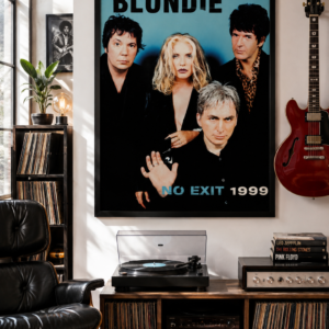 Blondie No Exit 1999 promotional poster featuring Debbie Harry and the reunited band against a blue background.