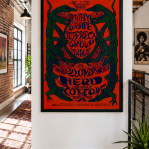 1968 Jeff Beck Group BG-130 Fillmore Carousel psychedelic concert poster by Rick Griffin featuring mirrored lizards and vibrant psychedelic typography.
