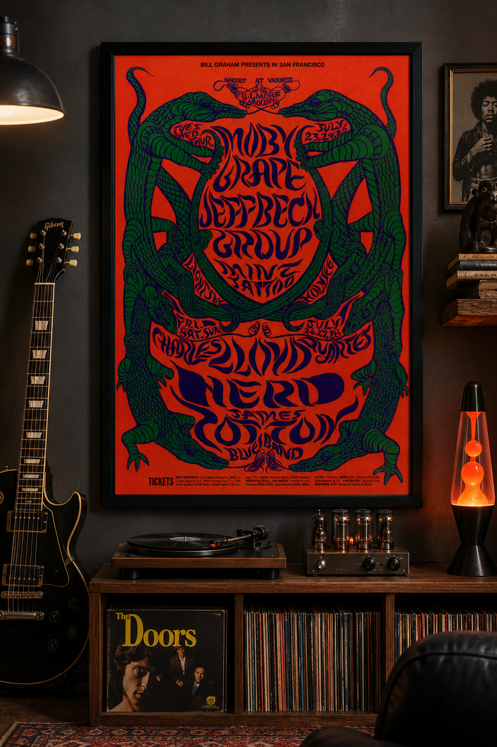1968 Jeff Beck Group BG-130 Fillmore Carousel psychedelic concert poster by Rick Griffin featuring mirrored lizards and vibrant psychedelic typography.