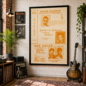 Bob Dylan 1964 Detroit concert flyer for the Masonic Scottish Rite Cathedral with orange typography, vintage photographs and Booker Bradshaw folk music advertisement.