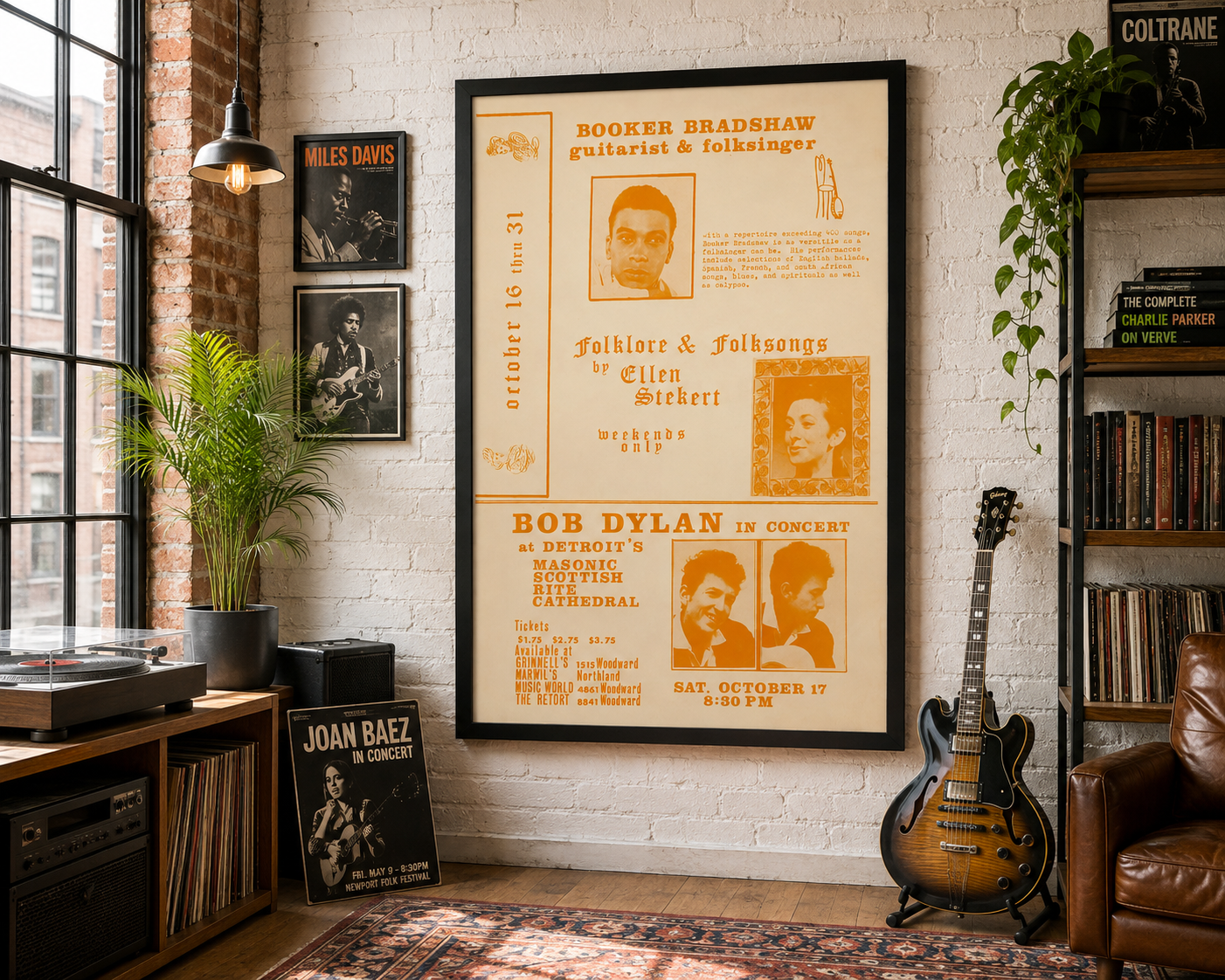 Bob Dylan 1964 Detroit concert flyer for the Masonic Scottish Rite Cathedral with orange typography, vintage photographs and Booker Bradshaw folk music advertisement.