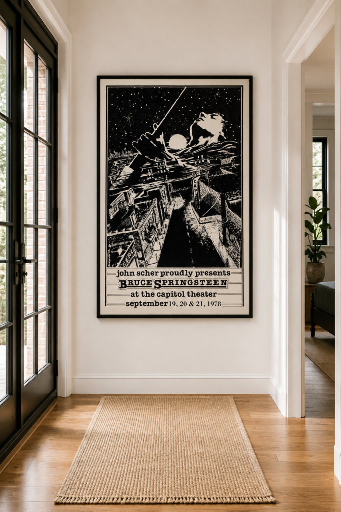 Bruce Springsteen 1978 Capitol Theatre Passaic New Jersey concert poster featuring black-and-white nighttime city artwork and September 19, 20 and 21 concert dates.