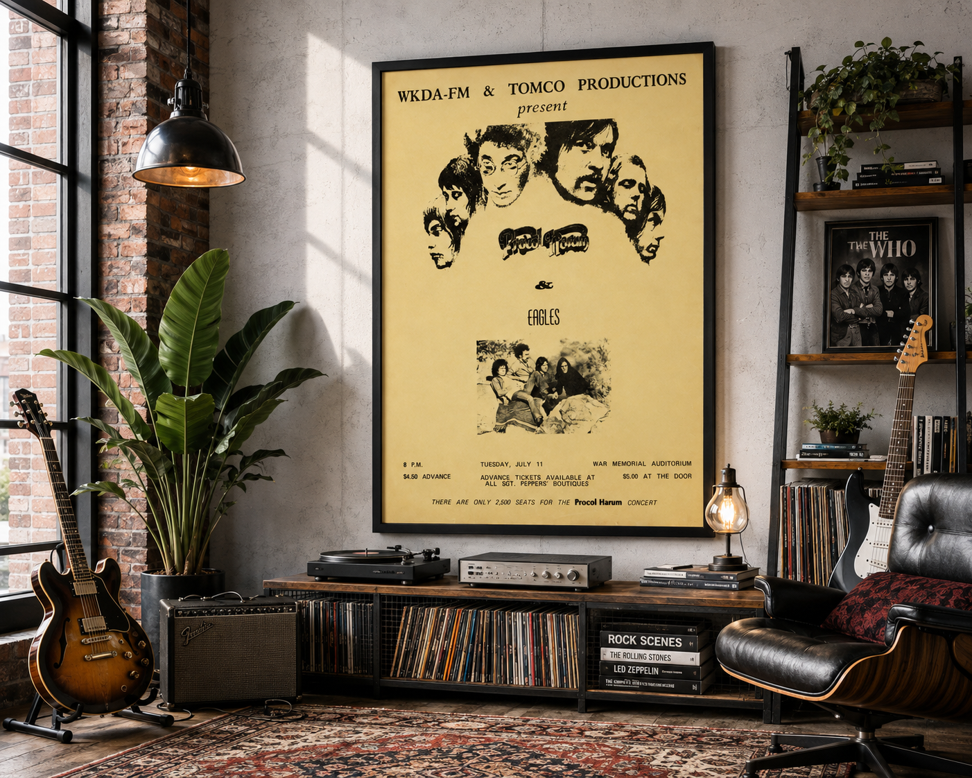 Vintage 1972 Eagles and Procol Harum concert handbill advertising their July 11 performance at War Memorial Auditorium in Rochester New York.