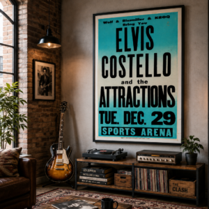 Elvis Costello and the Attractions 1981 Los Angeles concert poster with bold black typography on turquoise advertising the December 29 Sports Arena show.