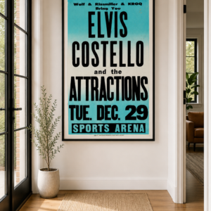 Elvis Costello and the Attractions 1981 Los Angeles concert poster with bold black typography on turquoise advertising the December 29 Sports Arena show.