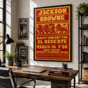 Jackson Browne 1987 El Rescate benefit concert poster for the Bren Center at UC Irvine California, featuring bold red and yellow folk-style artwork.